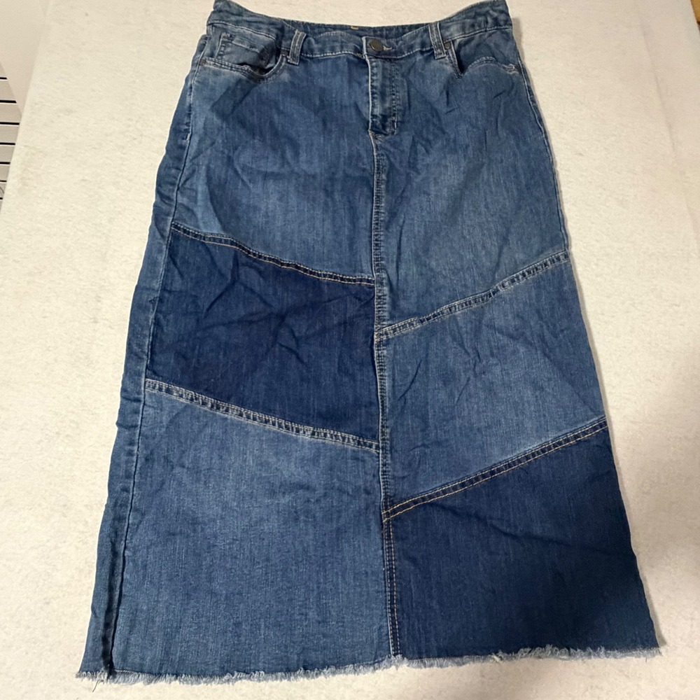Christopher & Banks Blue Patchwork Denim Midi Skirt Frayed Hem Size 10